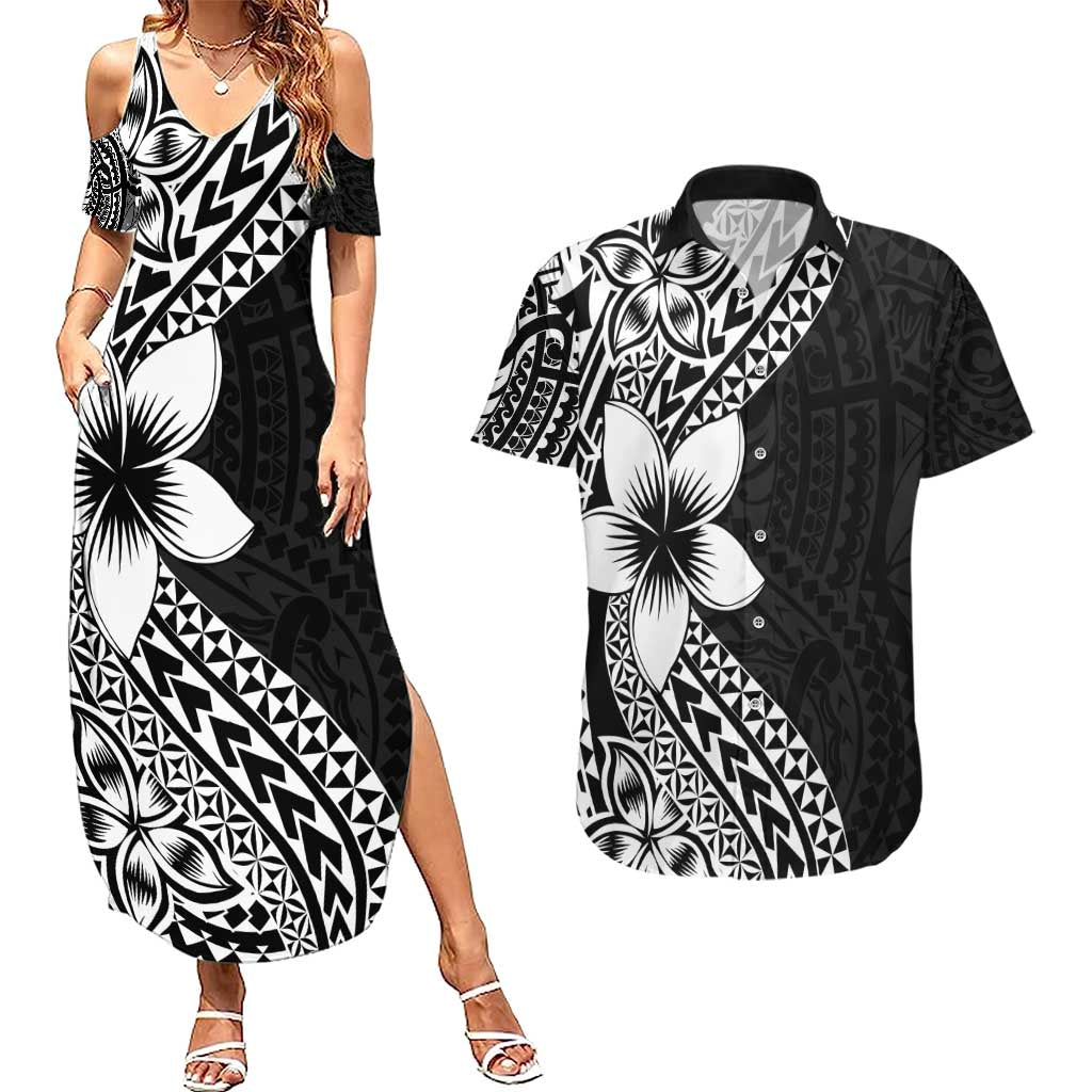Lotu Tamaiti White Sunday Couples Matching Summer Maxi Dress and Hawaiian Shirt Pacific Plumeria Flowers - Black Version LT9 Black - Polynesian Pride