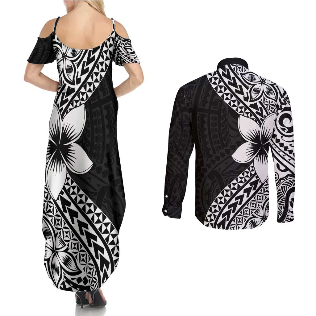 Lotu Tamaiti White Sunday Couples Matching Summer Maxi Dress and Long Sleeve Button Shirt Pacific Plumeria Flowers - Black Version