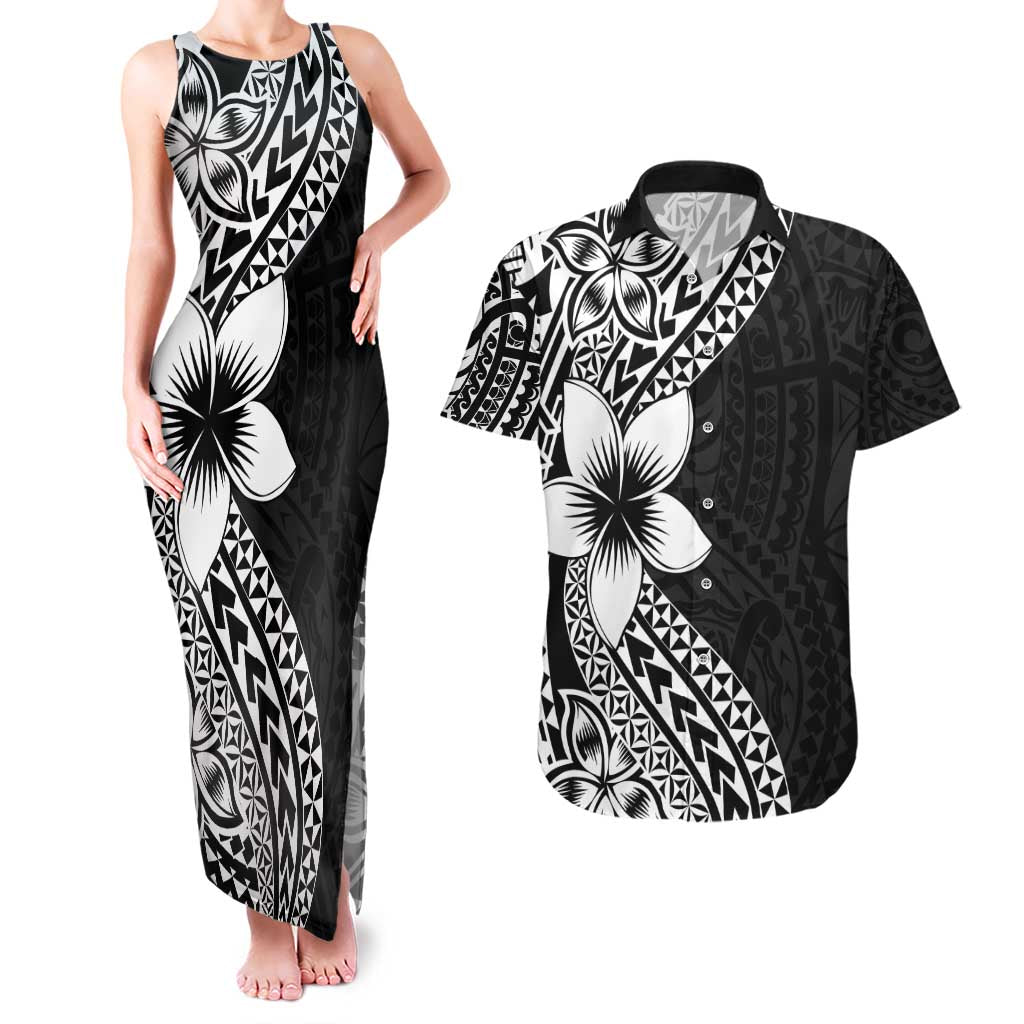 Lotu Tamaiti White Sunday Couples Matching Tank Maxi Dress and Hawaiian Shirt Pacific Plumeria Flowers - Black Version