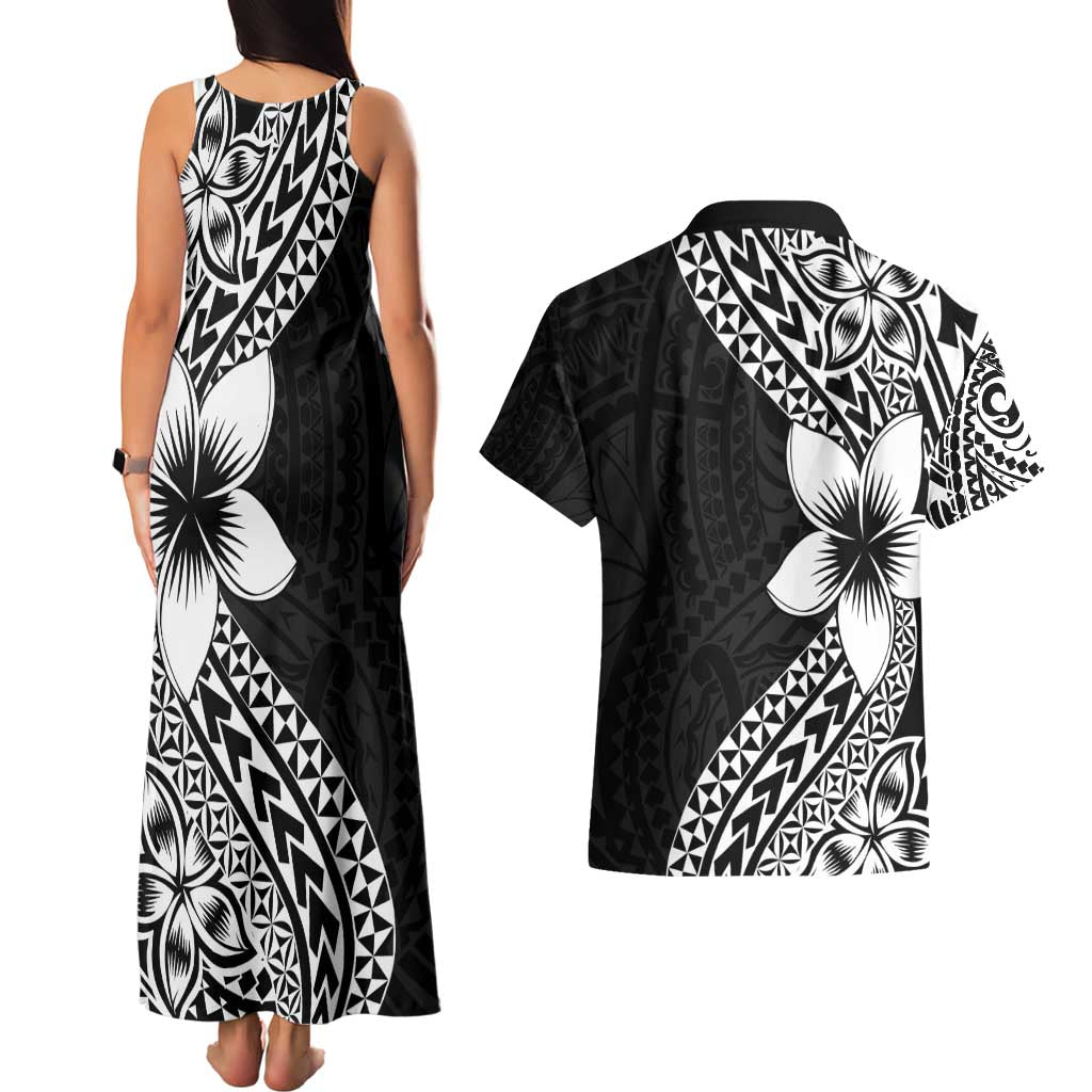 Lotu Tamaiti White Sunday Couples Matching Tank Maxi Dress and Hawaiian Shirt Pacific Plumeria Flowers - Black Version LT9 - Polynesian Pride