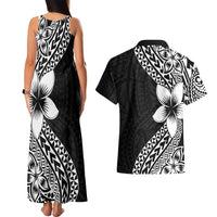 Lotu Tamaiti White Sunday Couples Matching Tank Maxi Dress and Hawaiian Shirt Pacific Plumeria Flowers - Black Version LT9 - Polynesian Pride