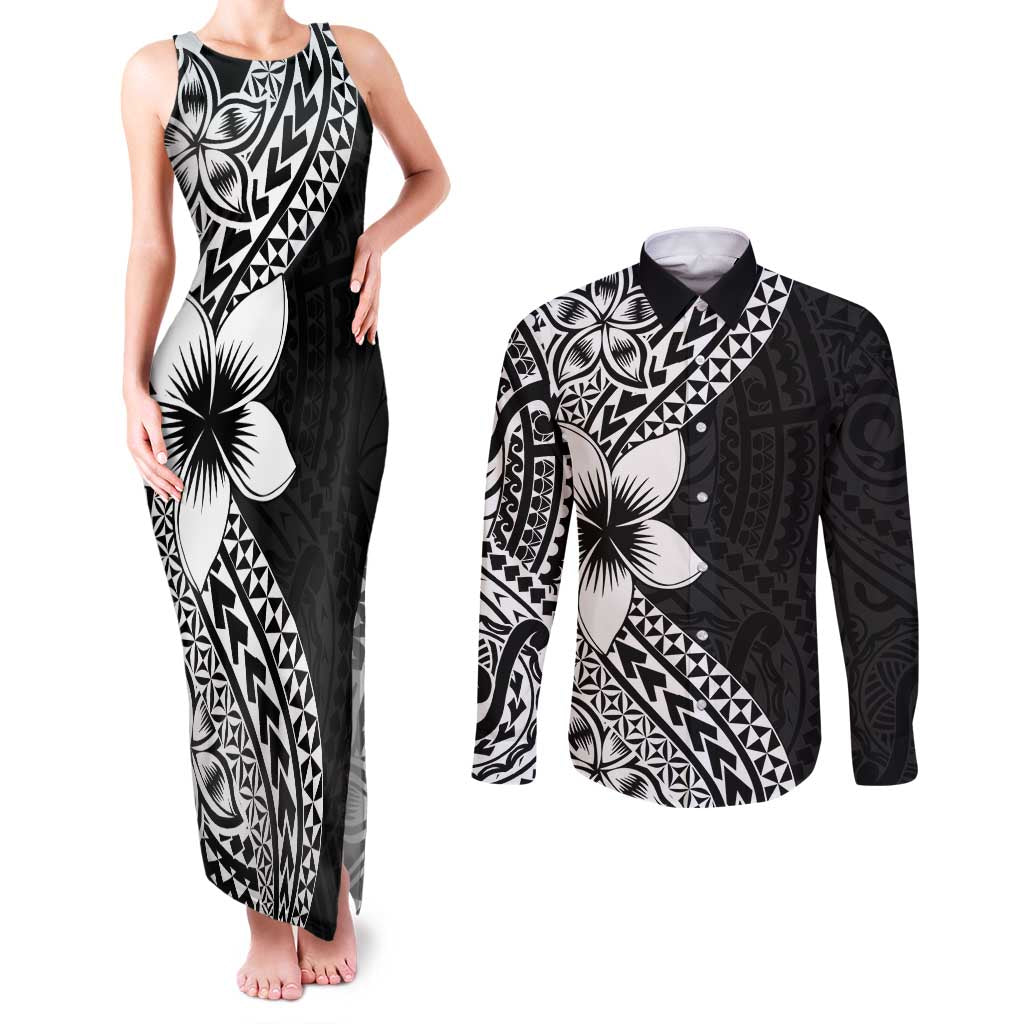 Lotu Tamaiti White Sunday Couples Matching Tank Maxi Dress and Long Sleeve Button Shirt Pacific Plumeria Flowers - Black Version