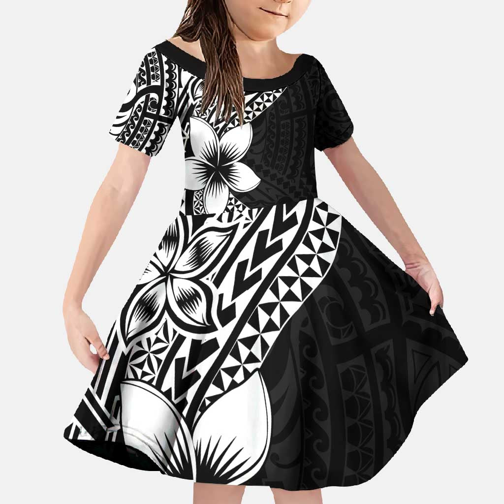 Lotu Tamaiti White Sunday Family Matching Long Sleeve Bodycon Dress and Hawaiian Shirt Pacific Plumeria Flowers - Black Version LT9 Daughter's Dress Black - Polynesian Pride