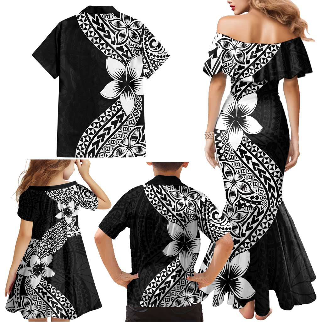Lotu Tamaiti White Sunday Family Matching Mermaid Dress and Hawaiian Shirt Pacific Plumeria Flowers - Black Version LT9 - Polynesian Pride