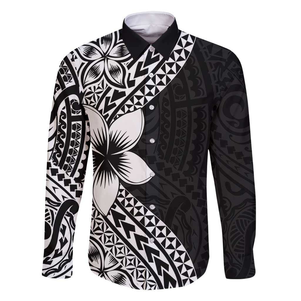 Lotu Tamaiti White Sunday Family Matching Mermaid Dress and Hawaiian Shirt Pacific Plumeria Flowers - Black Version LT9 Dad's Shirt - Long Sleeve Black - Polynesian Pride
