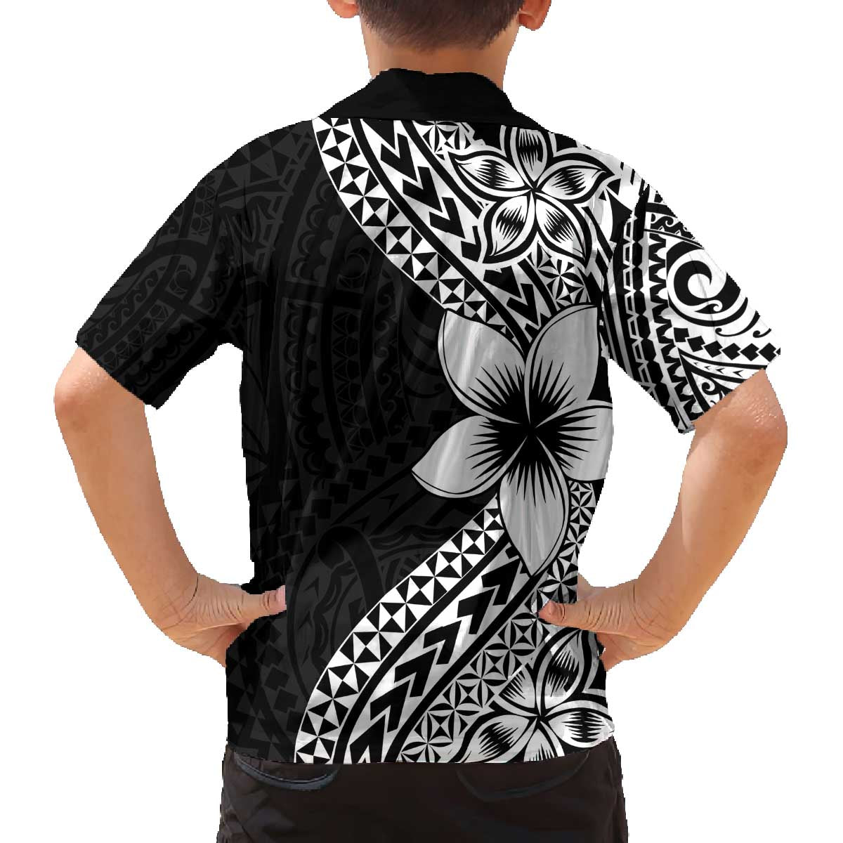 Lotu Tamaiti White Sunday Family Matching Off The Shoulder Long Sleeve Dress and Hawaiian Shirt Pacific Plumeria Flowers - Black Version LT9 - Polynesian Pride