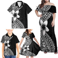 Lotu Tamaiti White Sunday Family Matching Off Shoulder Maxi Dress and Hawaiian Shirt Pacific Plumeria Flowers - Black Version LT9 - Polynesian Pride