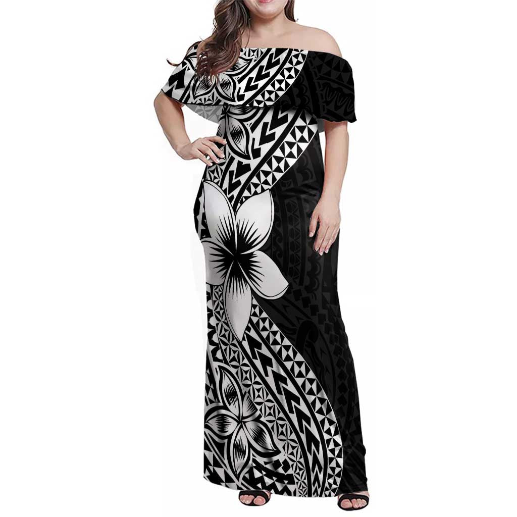 Lotu Tamaiti White Sunday Family Matching Off Shoulder Maxi Dress and Hawaiian Shirt Pacific Plumeria Flowers - Black Version LT9 Mom's Dress Black - Polynesian Pride