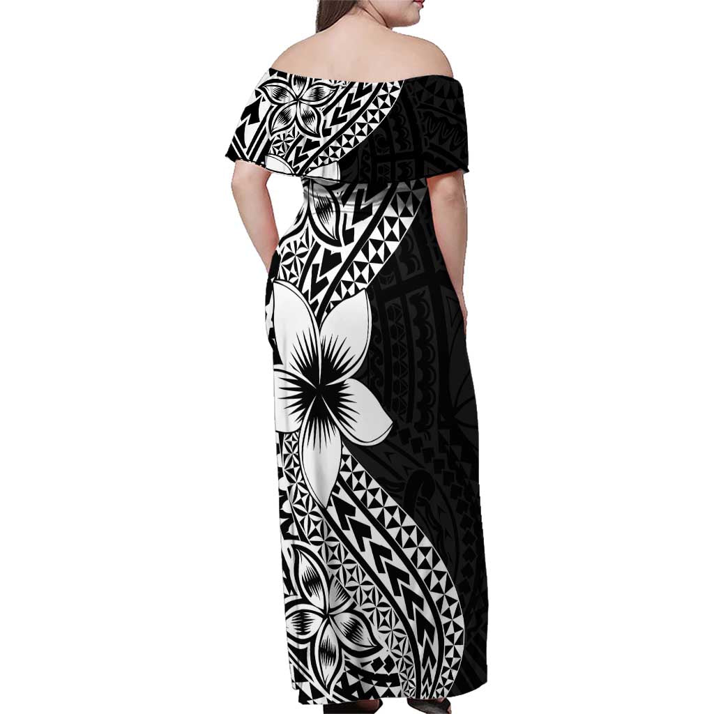 Lotu Tamaiti White Sunday Family Matching Off Shoulder Maxi Dress and Hawaiian Shirt Pacific Plumeria Flowers - Black Version LT9 - Polynesian Pride