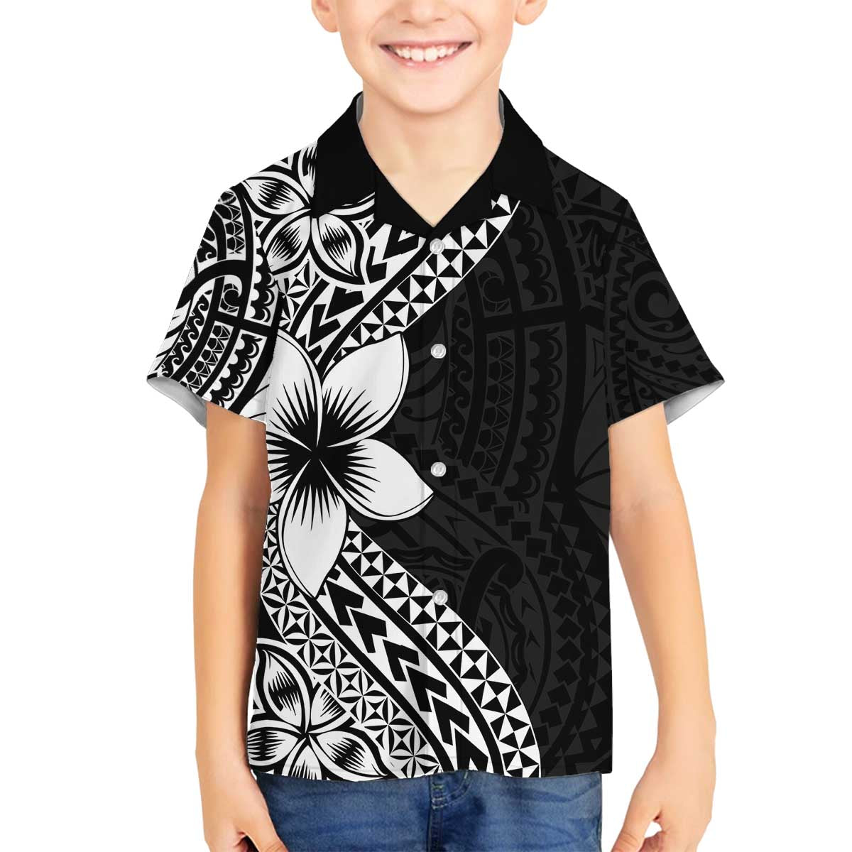 Lotu Tamaiti White Sunday Family Matching Off Shoulder Short Dress and Hawaiian Shirt Pacific Plumeria Flowers - Black Version LT9 Son's Shirt Black - Polynesian Pride