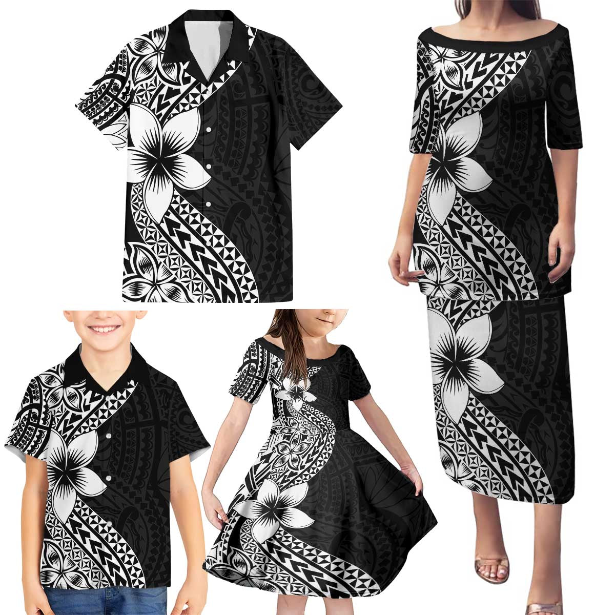 Lotu Tamaiti White Sunday Family Matching Puletasi and Hawaiian Shirt Pacific Plumeria Flowers - Black Version LT9 - Polynesian Pride