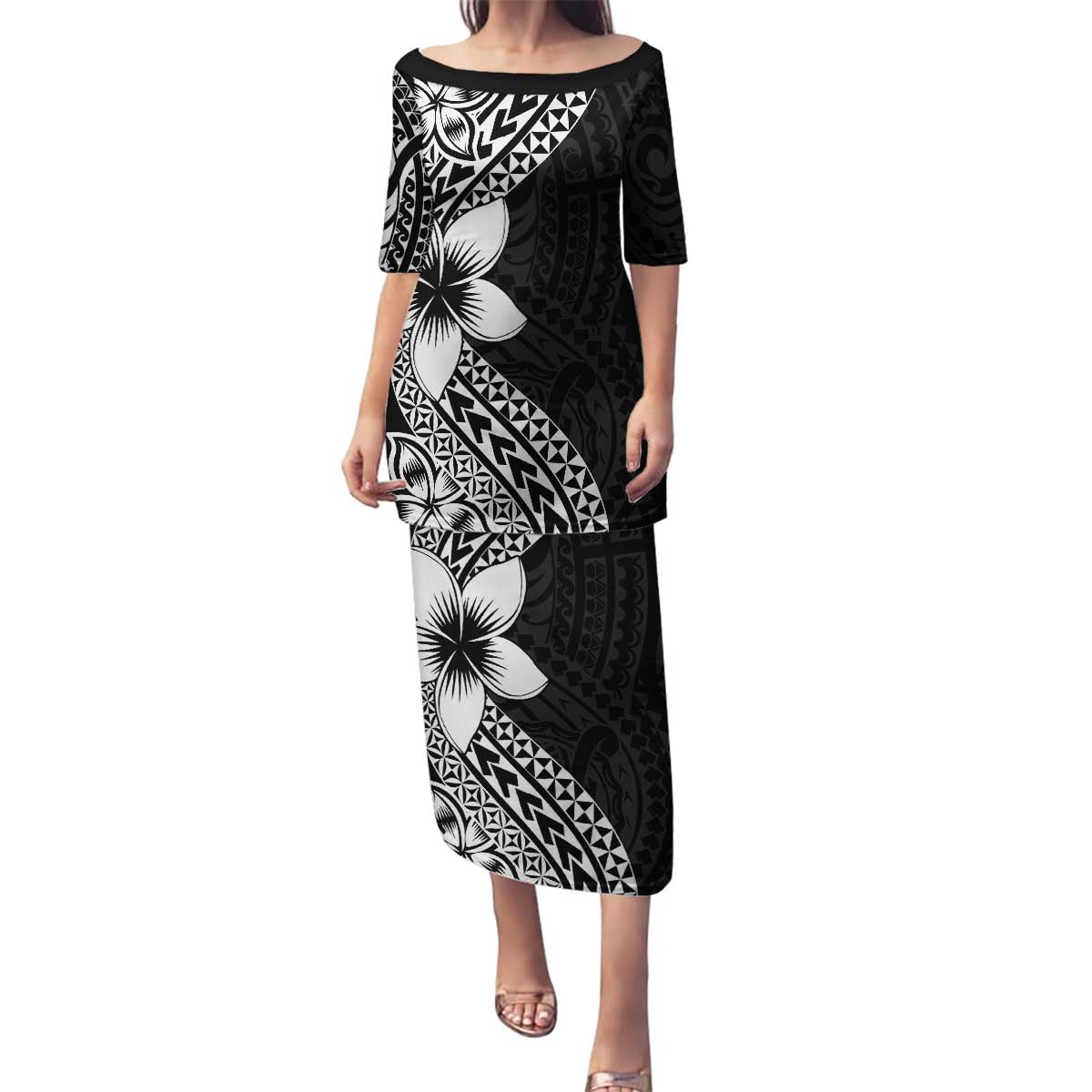 Lotu Tamaiti White Sunday Family Matching Puletasi and Hawaiian Shirt Pacific Plumeria Flowers - Black Version LT9 Mom's Dress Black - Polynesian Pride