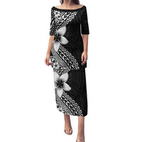 Lotu Tamaiti White Sunday Family Matching Puletasi and Hawaiian Shirt Pacific Plumeria Flowers - Black Version LT9 Mom's Dress Black - Polynesian Pride