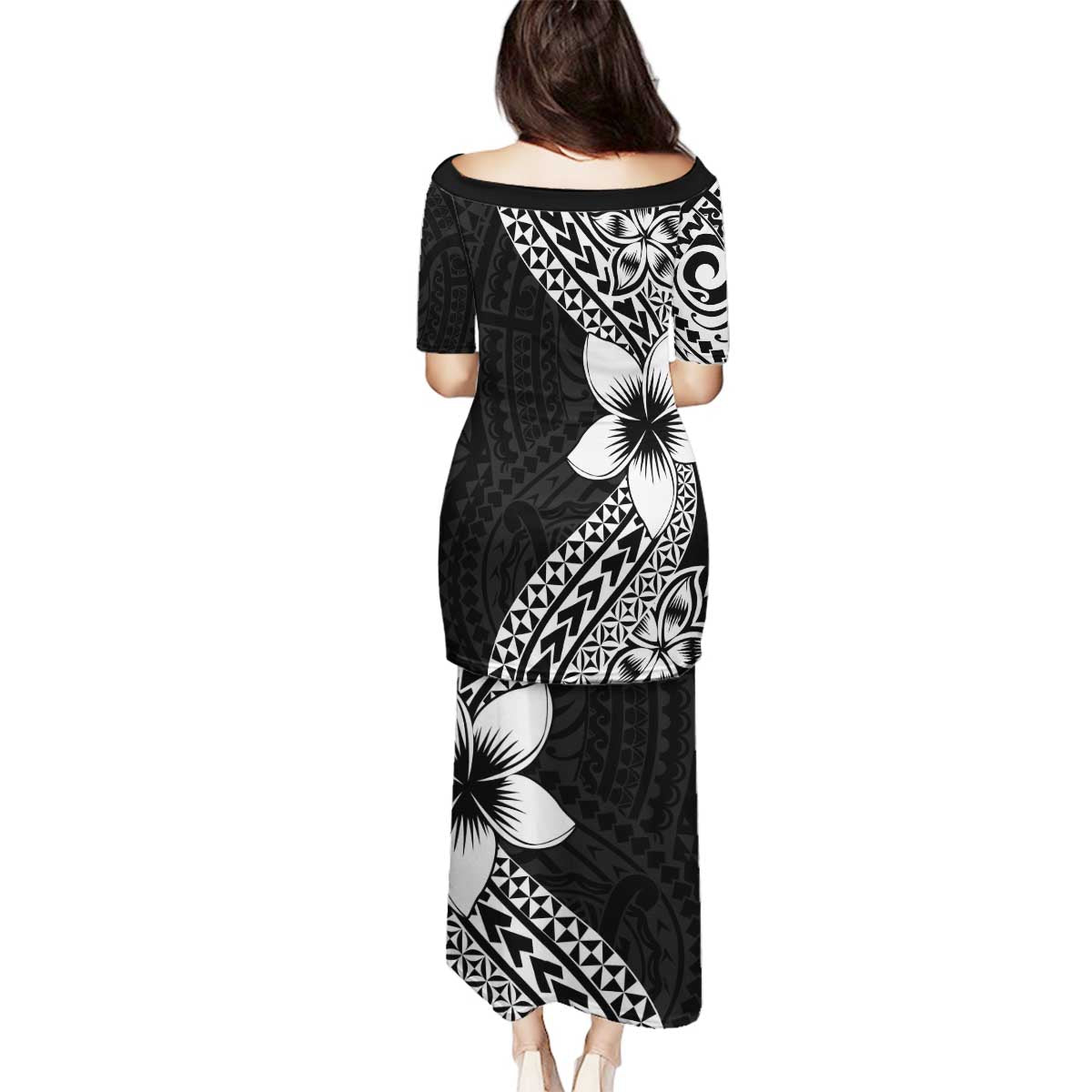 Lotu Tamaiti White Sunday Family Matching Puletasi and Hawaiian Shirt Pacific Plumeria Flowers - Black Version LT9 - Polynesian Pride