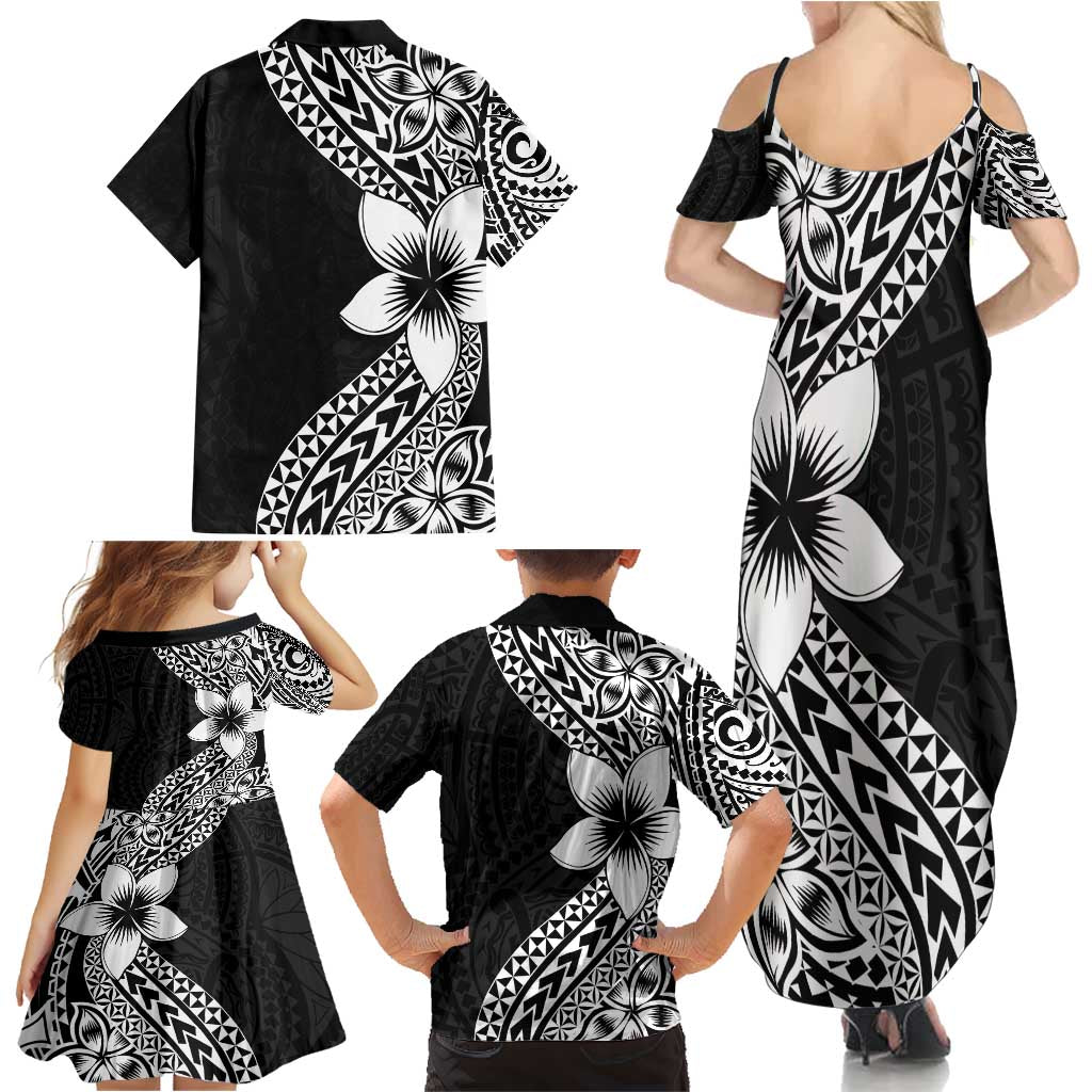 Lotu Tamaiti White Sunday Family Matching Summer Maxi Dress and Hawaiian Shirt Pacific Plumeria Flowers - Black Version LT9 - Polynesian Pride
