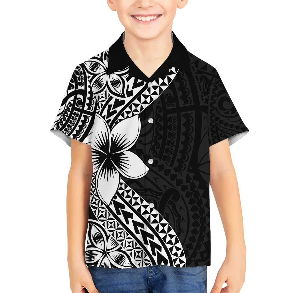Lotu Tamaiti White Sunday Family Matching Summer Maxi Dress and Hawaiian Shirt Pacific Plumeria Flowers - Black Version LT9 Son's Shirt Black - Polynesian Pride