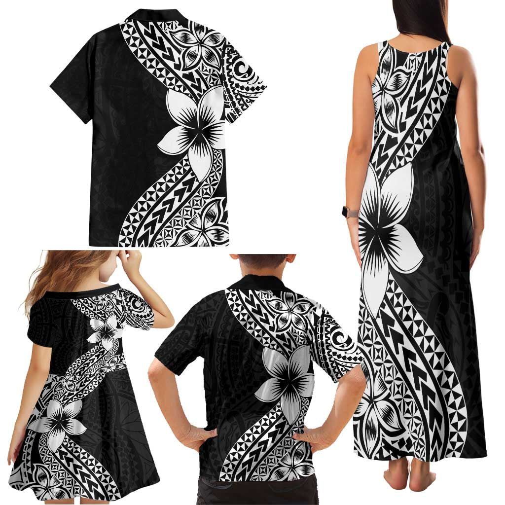 Lotu Tamaiti White Sunday Family Matching Tank Maxi Dress and Hawaiian Shirt Pacific Plumeria Flowers - Black Version LT9 - Polynesian Pride