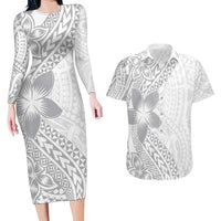Lotu Tamaiti White Sunday Couples Matching Long Sleeve Bodycon Dress and Hawaiian Shirt Pacific Plumeria Flowers - White Version LT9 White - Polynesian Pride