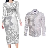 Lotu Tamaiti White Sunday Couples Matching Long Sleeve Bodycon Dress and Long Sleeve Button Shirt Pacific Plumeria Flowers - White Version LT9 White - Polynesian Pride