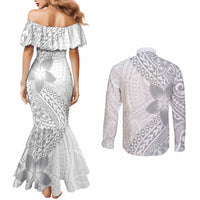 Lotu Tamaiti White Sunday Couples Matching Mermaid Dress and Long Sleeve Button Shirt Pacific Plumeria Flowers - White Version LT9 - Polynesian Pride