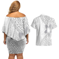 Lotu Tamaiti White Sunday Couples Matching Off Shoulder Short Dress and Hawaiian Shirt Pacific Plumeria Flowers - White Version LT9 - Polynesian Pride