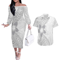 Lotu Tamaiti White Sunday Couples Matching Off The Shoulder Long Sleeve Dress and Hawaiian Shirt Pacific Plumeria Flowers - White Version LT9 White - Polynesian Pride