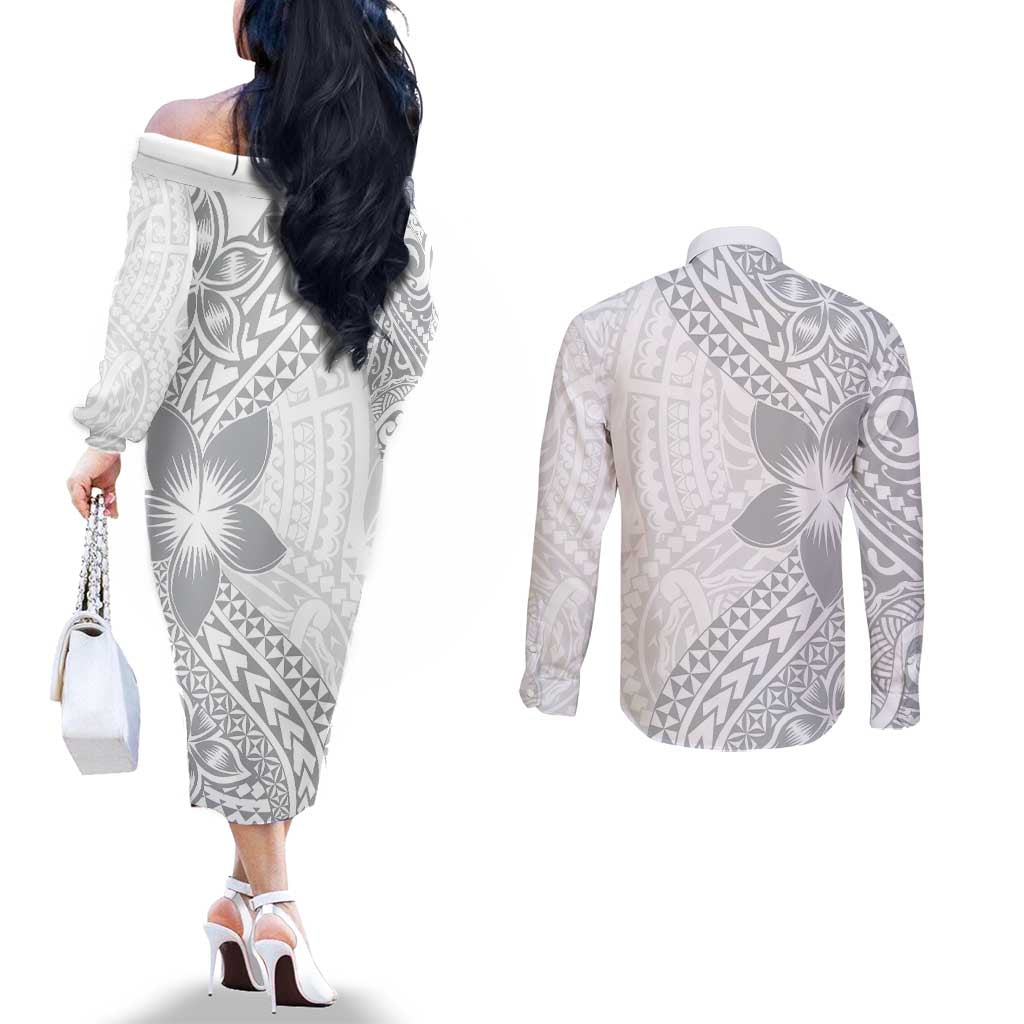 Lotu Tamaiti White Sunday Couples Matching Off The Shoulder Long Sleeve Dress and Long Sleeve Button Shirt Pacific Plumeria Flowers - White Version LT9 - Polynesian Pride