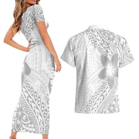 Lotu Tamaiti White Sunday Couples Matching Short Sleeve Bodycon Dress and Hawaiian Shirt Pacific Plumeria Flowers - White Version LT9 - Polynesian Pride
