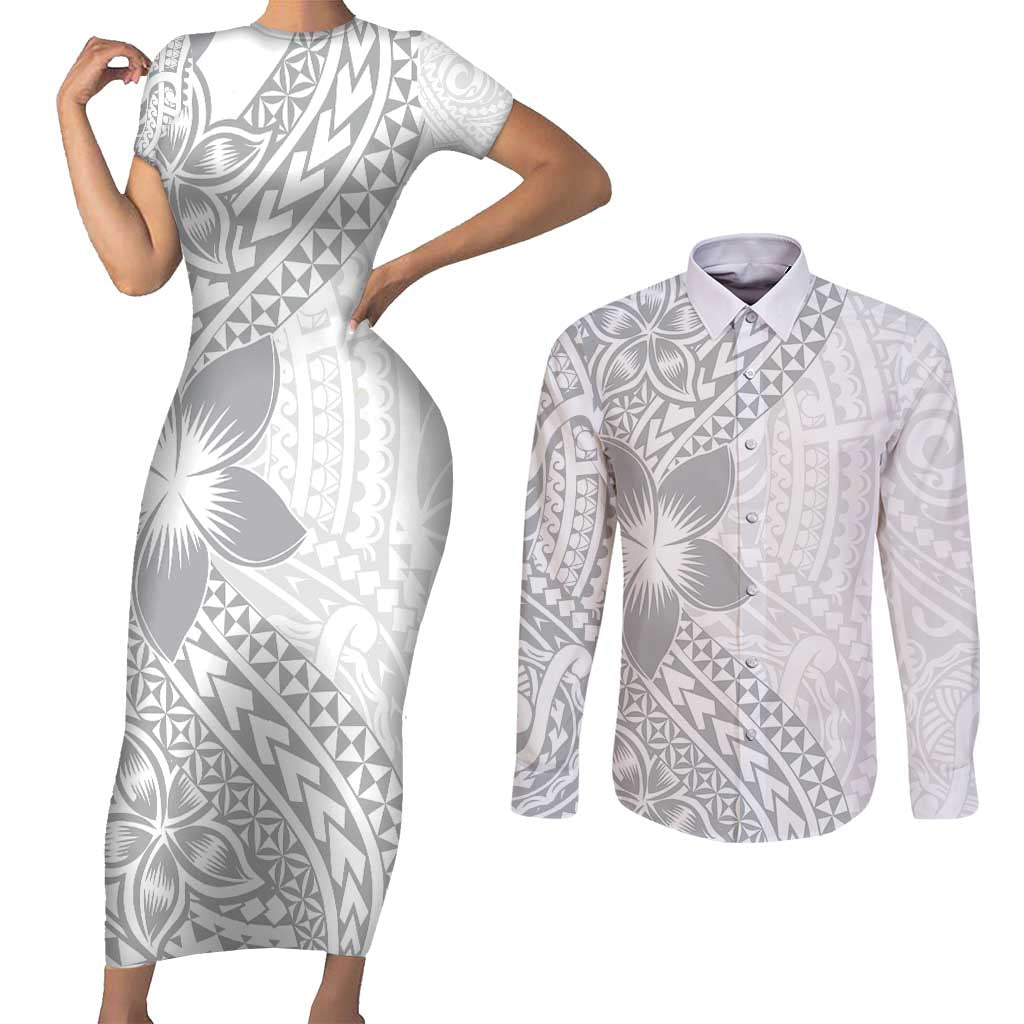 Lotu Tamaiti White Sunday Couples Matching Short Sleeve Bodycon Dress and Long Sleeve Button Shirt Pacific Plumeria Flowers - White Version LT9 White - Polynesian Pride