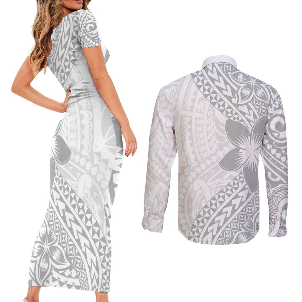Lotu Tamaiti White Sunday Couples Matching Short Sleeve Bodycon Dress and Long Sleeve Button Shirt Pacific Plumeria Flowers - White Version LT9 - Polynesian Pride