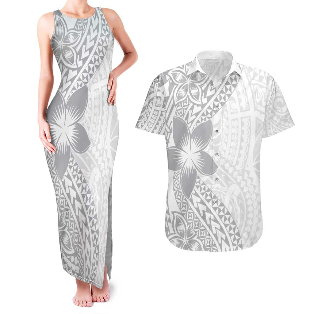 Lotu Tamaiti White Sunday Couples Matching Tank Maxi Dress and Hawaiian Shirt Pacific Plumeria Flowers - White Version LT9 White - Polynesian Pride