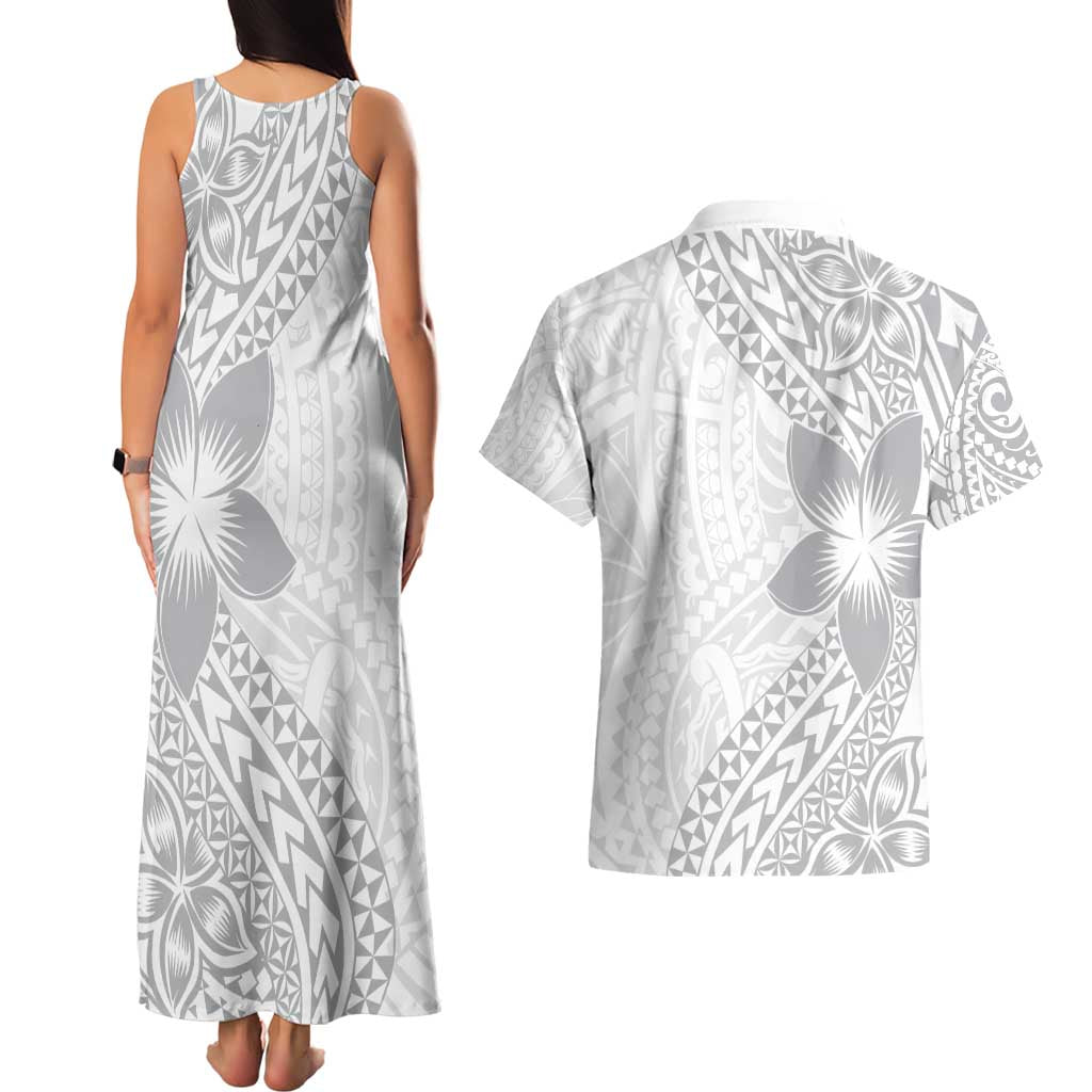 Lotu Tamaiti White Sunday Couples Matching Tank Maxi Dress and Hawaiian Shirt Pacific Plumeria Flowers - White Version LT9 - Polynesian Pride