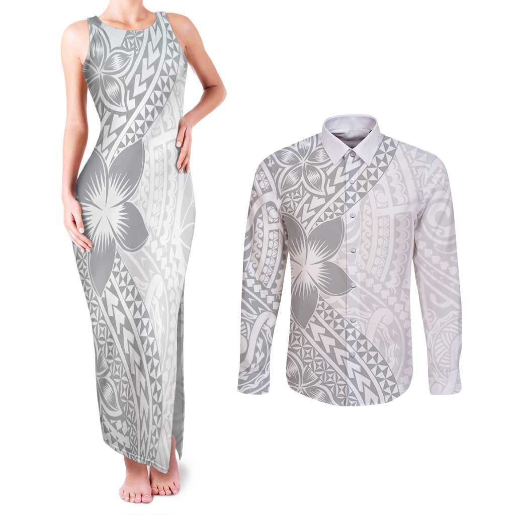 Lotu Tamaiti White Sunday Couples Matching Tank Maxi Dress and Long Sleeve Button Shirt Pacific Plumeria Flowers - White Version