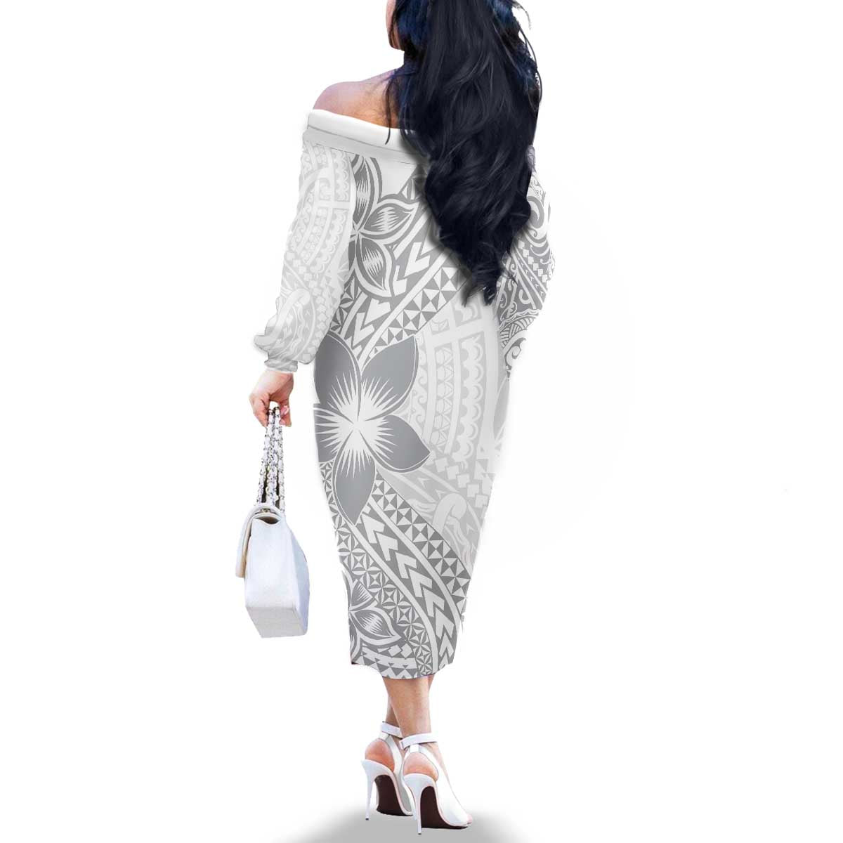 Lotu Tamaiti White Sunday Family Matching Off The Shoulder Long Sleeve Dress and Hawaiian Shirt Pacific Plumeria Flowers - White Version LT9 - Polynesian Pride