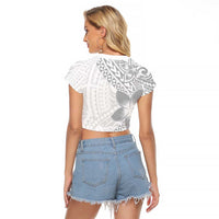 Lotu Tamaiti White Sunday Raglan Cropped T Shirt Pacific Plumeria Flowers - White Version