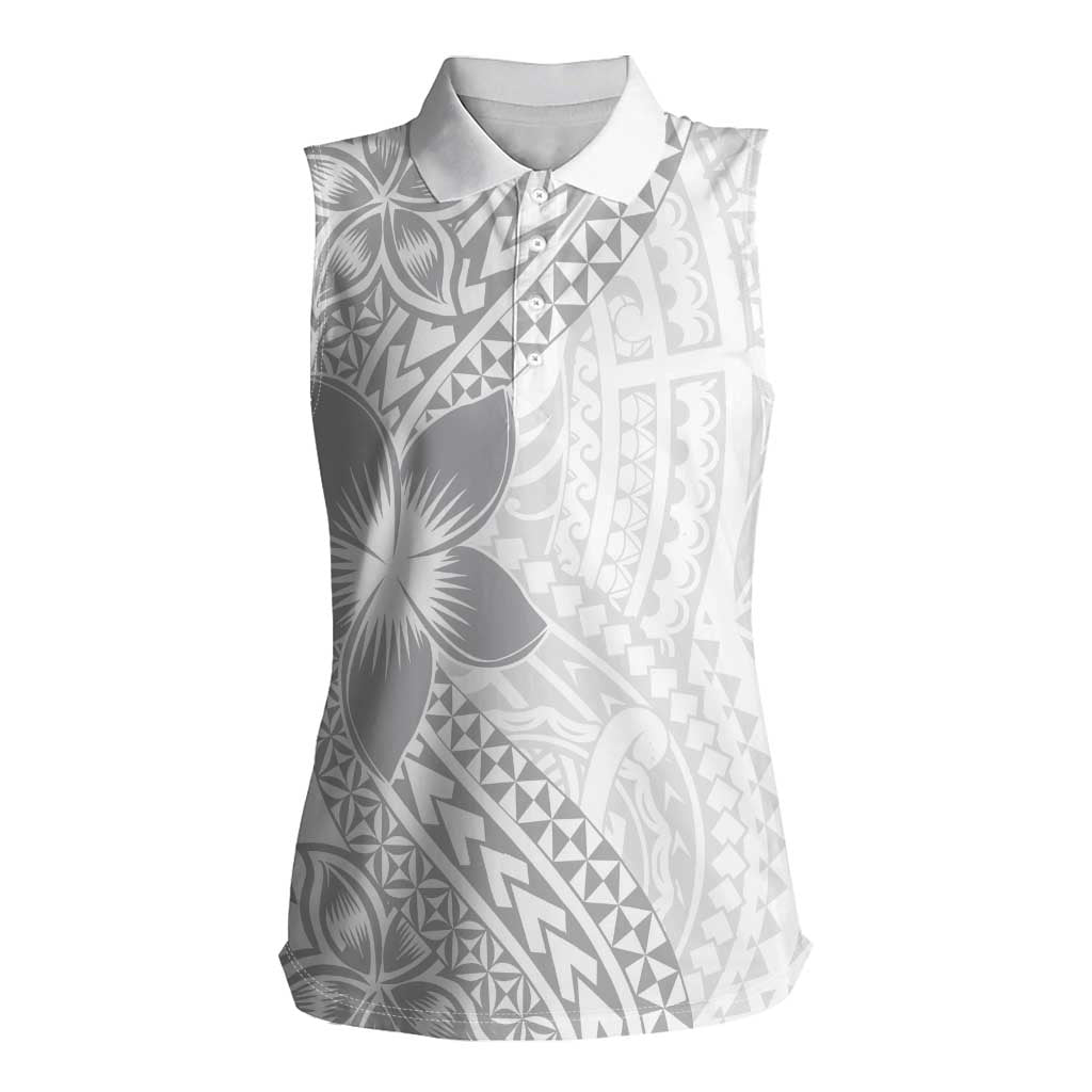 Lotu Tamaiti White Sunday Women Sleeveless Polo Shirt Pacific Plumeria Flowers - White Version