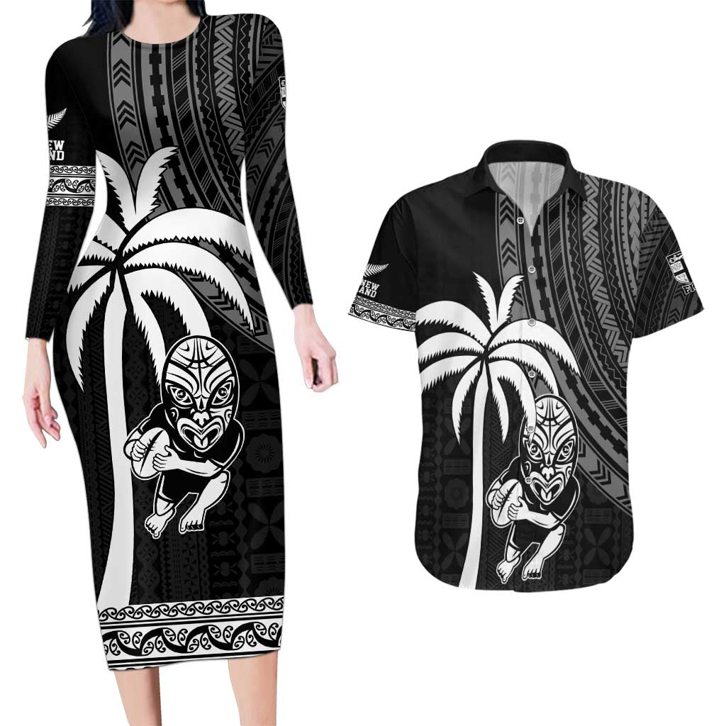 Custom Fiji New Zealand Rugby Couples Matching Long Sleeve Bodycon Dress and Hawaiian Shirt Make History Together LT9 Black - Polynesian Pride