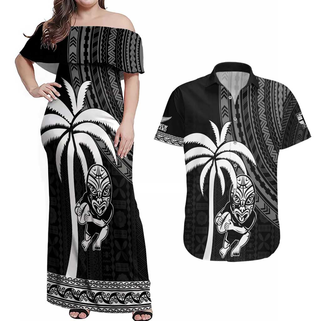 Custom Fiji New Zealand Rugby Couples Matching Off Shoulder Maxi Dress and Hawaiian Shirt Make History Together LT9 Black - Polynesian Pride