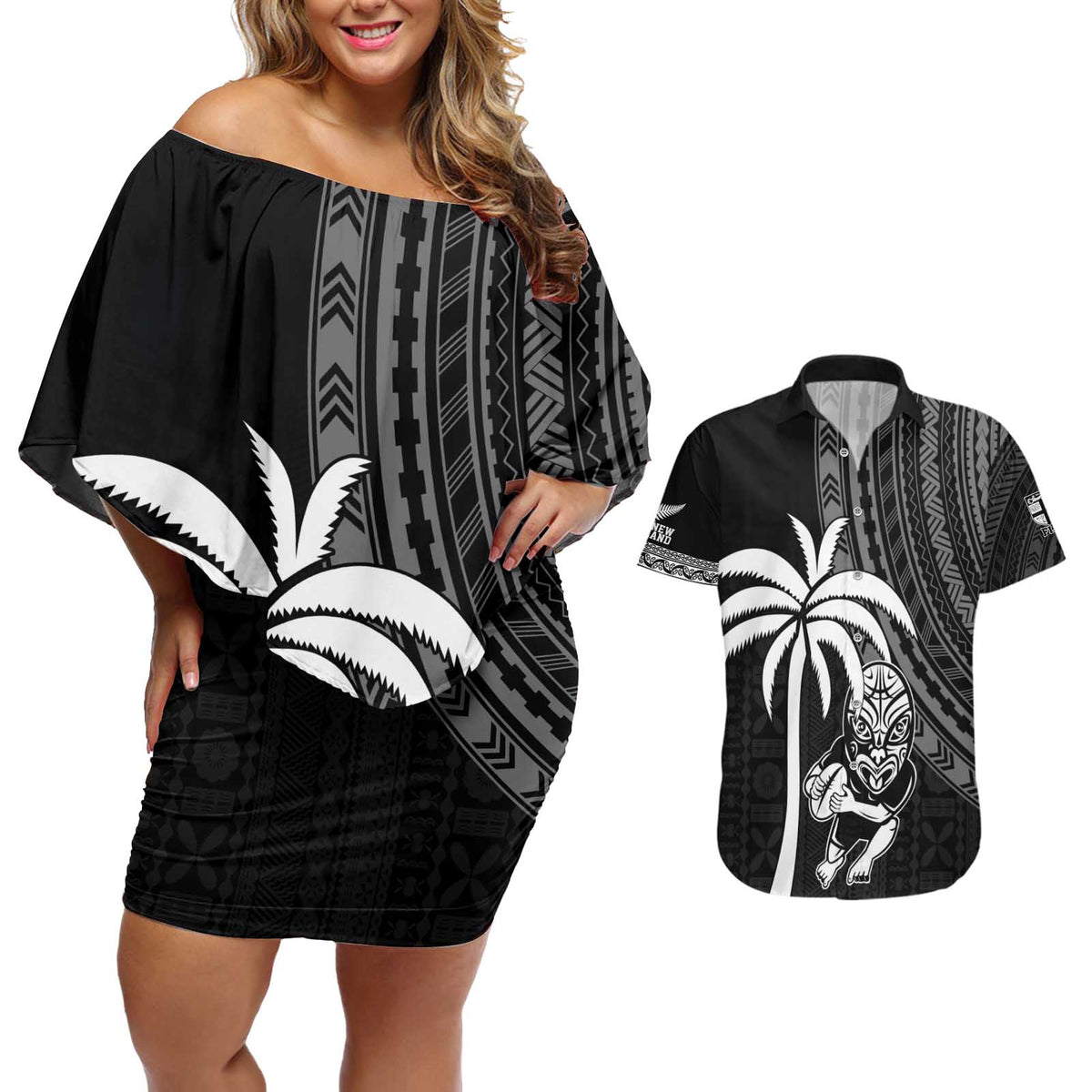 Custom Fiji New Zealand Rugby Couples Matching Off Shoulder Short Dress and Hawaiian Shirt Make History Together LT9 Black - Polynesian Pride