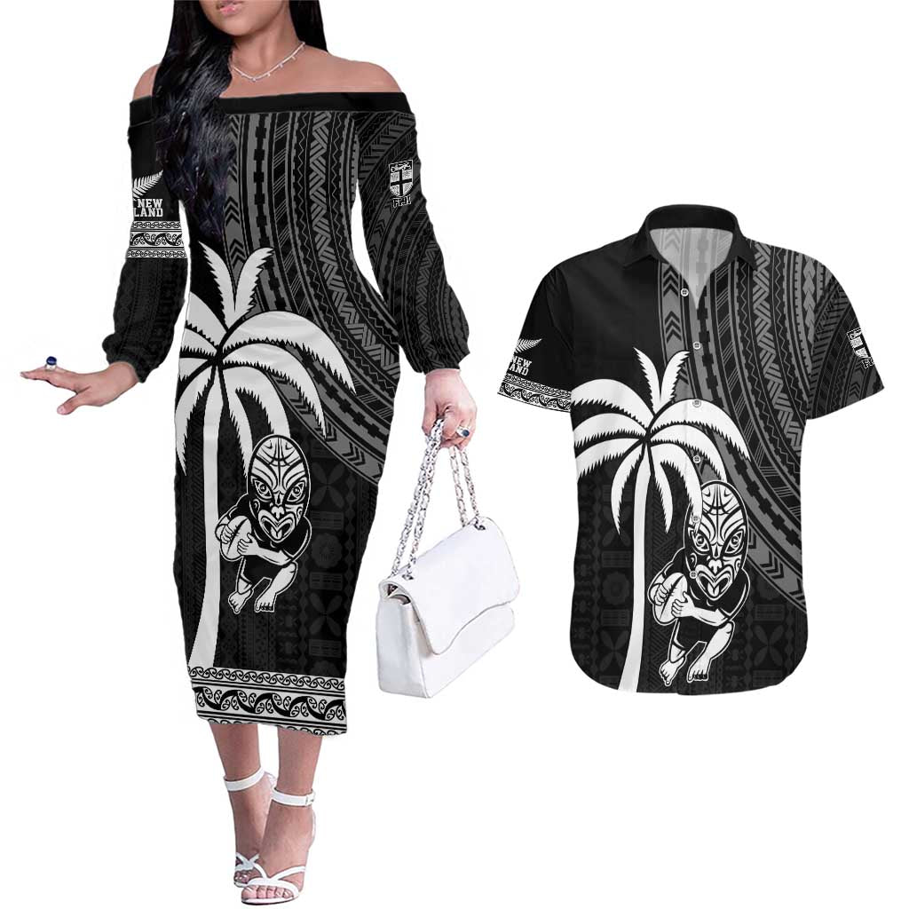 Custom Fiji New Zealand Rugby Couples Matching Off The Shoulder Long Sleeve Dress and Hawaiian Shirt Make History Together LT9 Black - Polynesian Pride