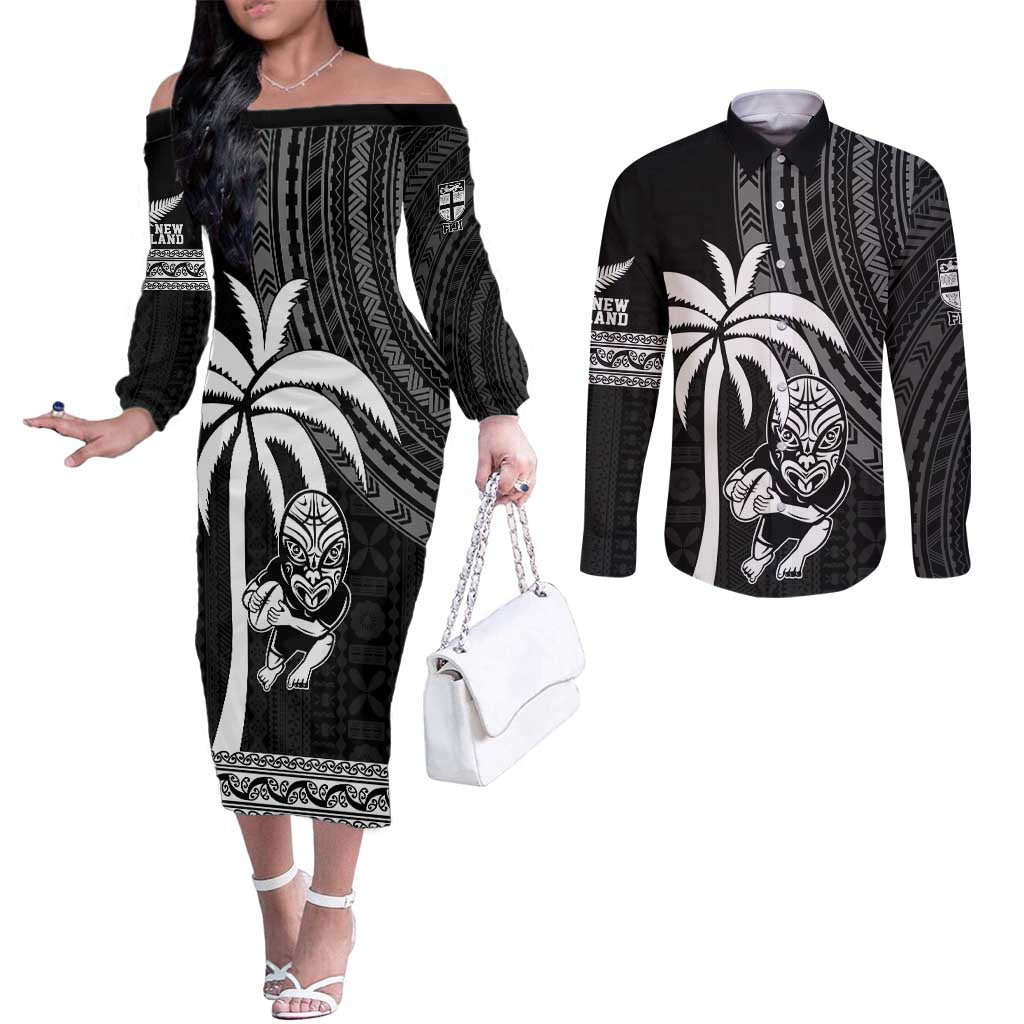 Custom Fiji New Zealand Rugby Couples Matching Off The Shoulder Long Sleeve Dress and Long Sleeve Button Shirt Make History Together LT9 Black - Polynesian Pride