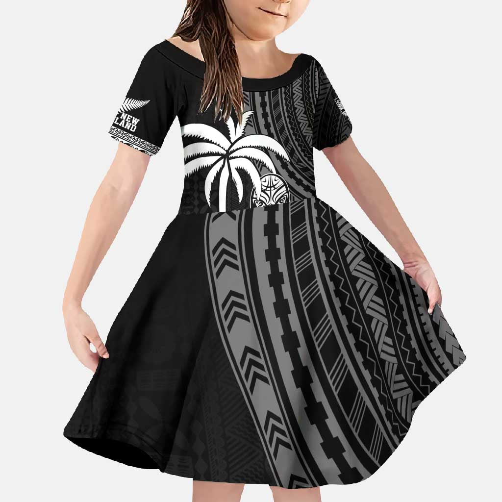 Custom Fiji New Zealand Rugby Family Matching Long Sleeve Bodycon Dress and Hawaiian Shirt Make History Together LT9 Daughter's Dress Black - Polynesian Pride