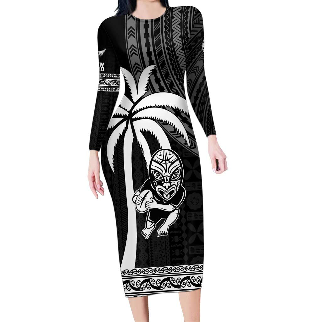 Custom Fiji New Zealand Rugby Family Matching Long Sleeve Bodycon Dress and Hawaiian Shirt Make History Together LT9 Mom's Dress Black - Polynesian Pride