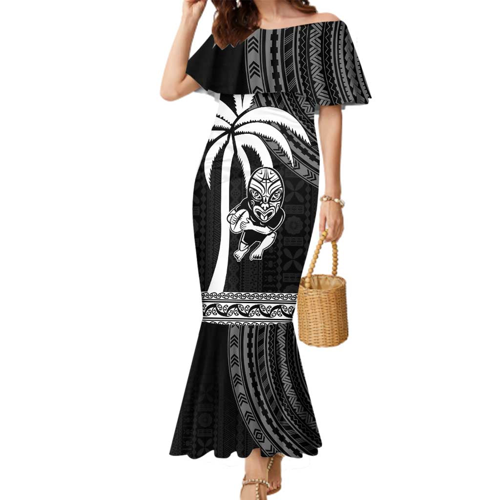 Custom Fiji New Zealand Rugby Family Matching Mermaid Dress and Hawaiian Shirt Make History Together LT9 Mom's Dress Black - Polynesian Pride