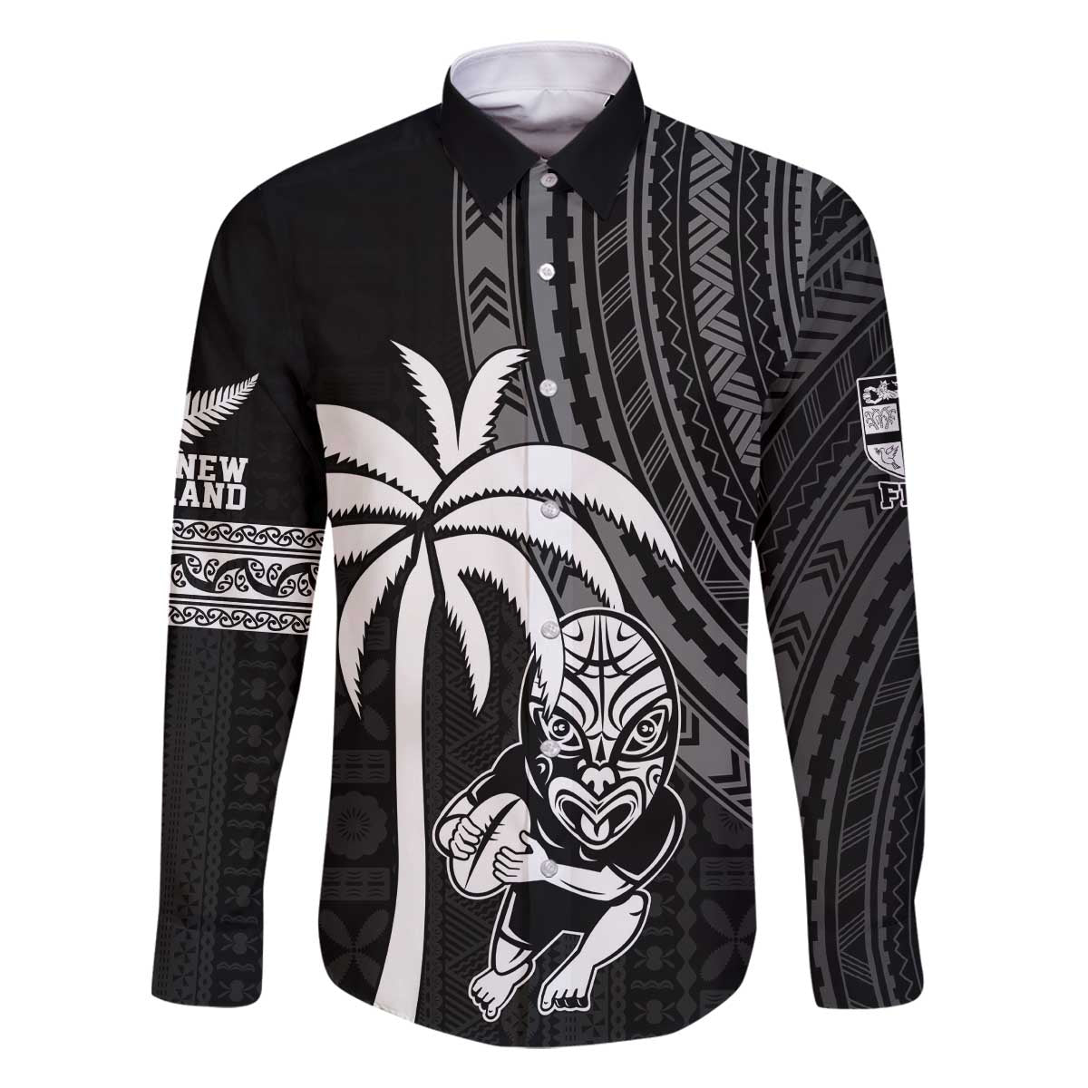Custom Fiji New Zealand Rugby Family Matching Off The Shoulder Long Sleeve Dress and Hawaiian Shirt Make History Together LT9 Dad's Shirt - Long Sleeve Black - Polynesian Pride