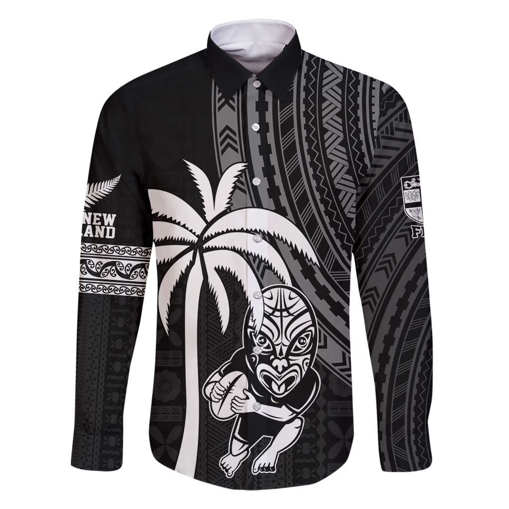 Custom Fiji New Zealand Rugby Family Matching Off Shoulder Maxi Dress and Hawaiian Shirt Make History Together LT9 Dad's Shirt - Long Sleeve Black - Polynesian Pride