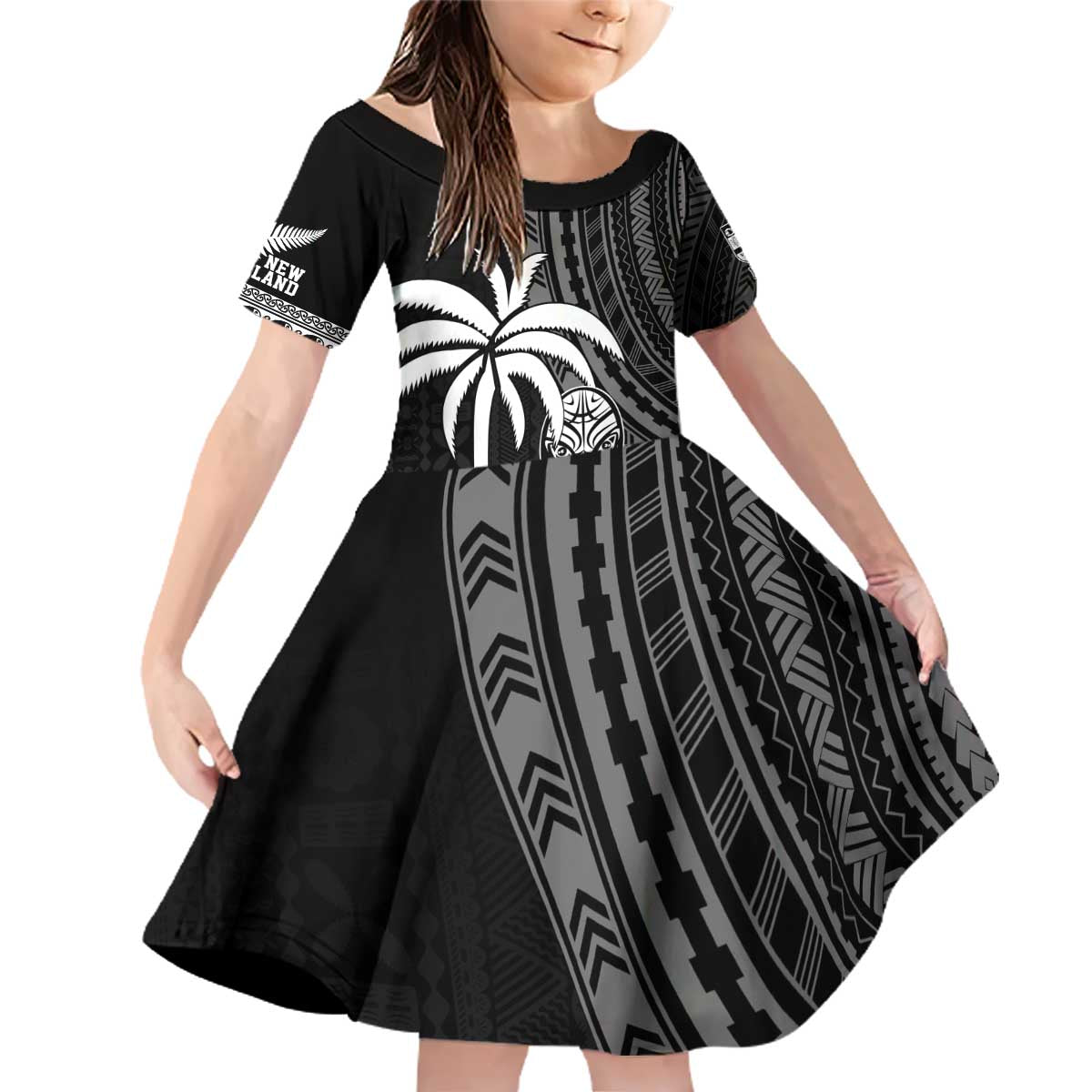 Custom Fiji New Zealand Rugby Family Matching Off Shoulder Short Dress and Hawaiian Shirt Make History Together LT9 Daughter's Dress Black - Polynesian Pride
