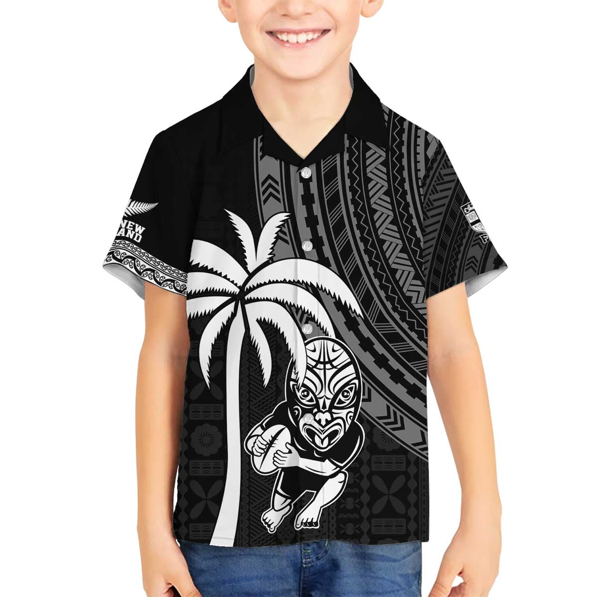 Custom Fiji New Zealand Rugby Family Matching Puletasi and Hawaiian Shirt Make History Together LT9 Son's Shirt Black - Polynesian Pride