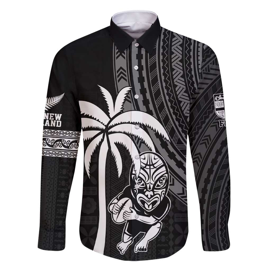 Custom Fiji New Zealand Rugby Family Matching Short Sleeve Bodycon Dress and Hawaiian Shirt Make History Together LT9 Dad's Shirt - Long Sleeve Black - Polynesian Pride