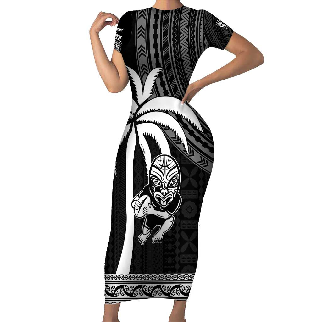 Custom Fiji New Zealand Rugby Family Matching Short Sleeve Bodycon Dress and Hawaiian Shirt Make History Together LT9 Mom's Dress Black - Polynesian Pride
